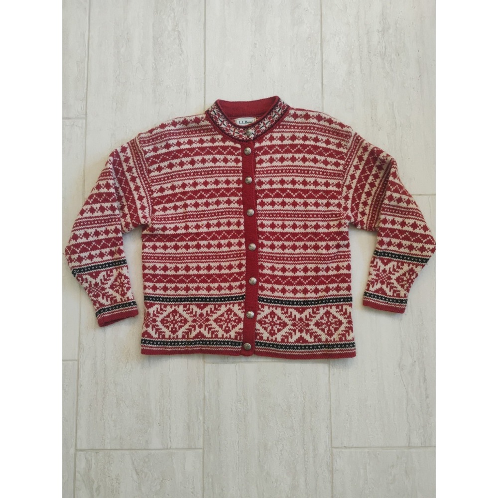Vintage LL Bean Women Medium Button Up Cardigan Sweater Wool Holiday USA Made